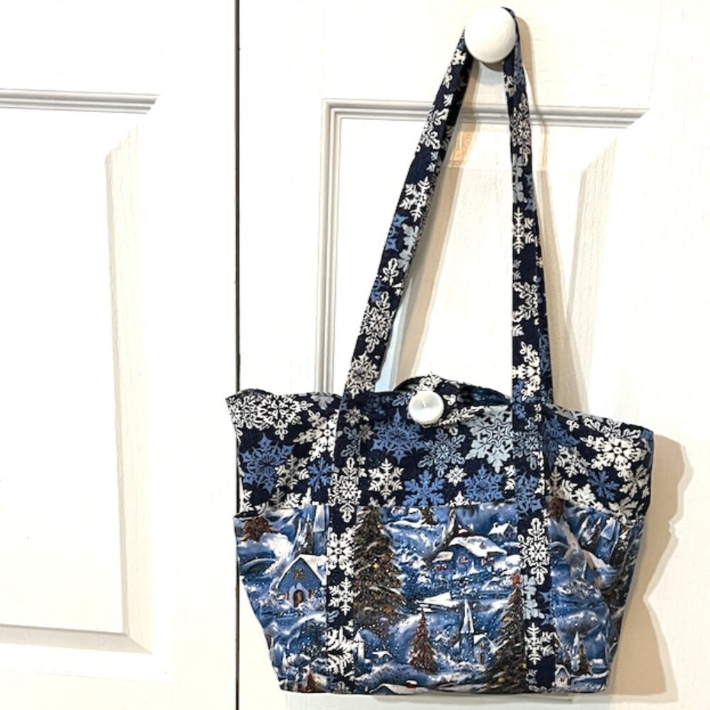 Winter Snow Scene Handmade Tote Bag – Reversible with Pockets